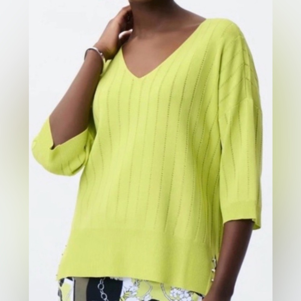 Joseph Ribkoff Lydia V-Neck Knit Top w/ Stud Detail | Lime Green | Size XS
